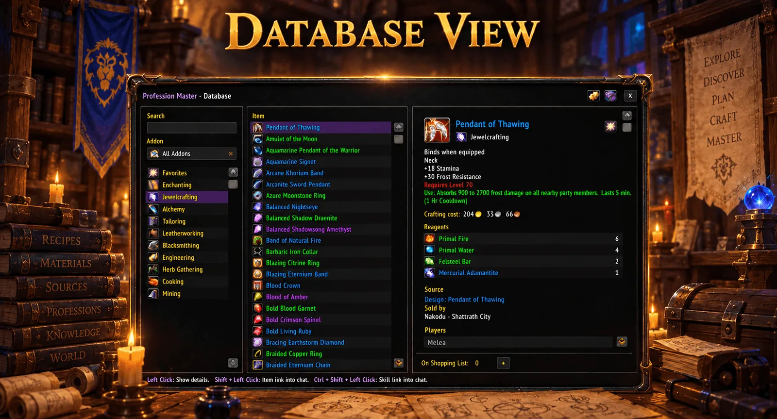 Recipe database window with the profession list, the recipe list and a detail panel with reagents, crafting cost and source
