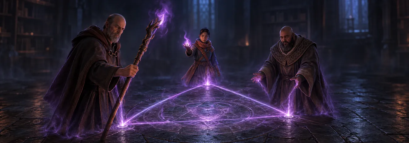 The Echoes of Lorath, Neyrelle and Donan channel violet magic at the corners of a glowing purple triangle in a dark Horadrim room in Diablo 4