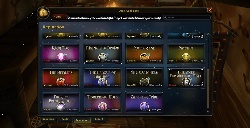 The Reputation tab as a grid of faction cards, each showing the standing and the number of rewards