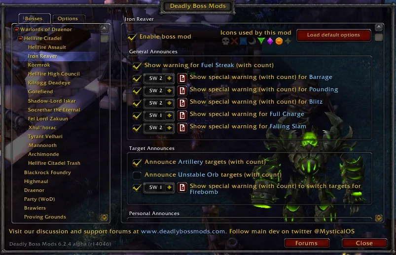 DBM options for one boss with a checkbox per warning and sound