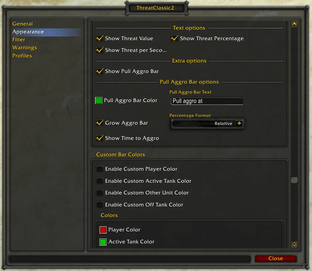 The Appearance options page with text options, the pull aggro bar settings and custom bar colours