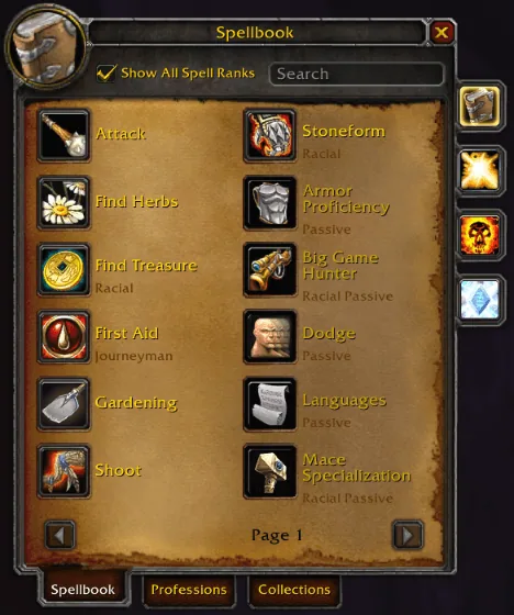 Classic parchment spellbook with spell rows in square frames, page arrows and school tabs on the right edge.