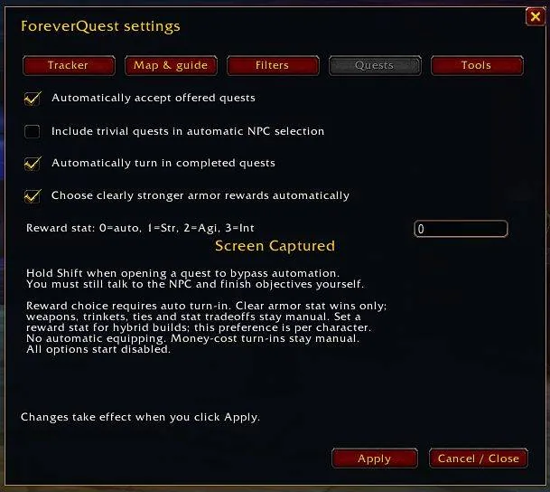 The Quests tab with auto-accept, auto-turn-in and armor reward choice.