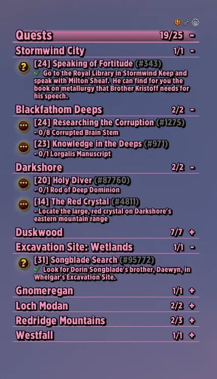 The tracker on Forever with quests split by zone under divider lines, in class color.