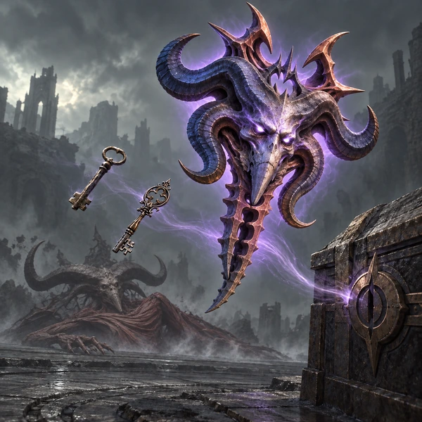 Crux of the False Prophet, two Lair Keys and Mephisto's Hoard, with defeated Mephisto in the background.