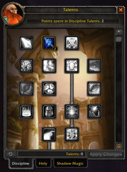 Classic talent window for the Discipline tree with the talent grid, spec tabs under the frame and an Apply Changes button.