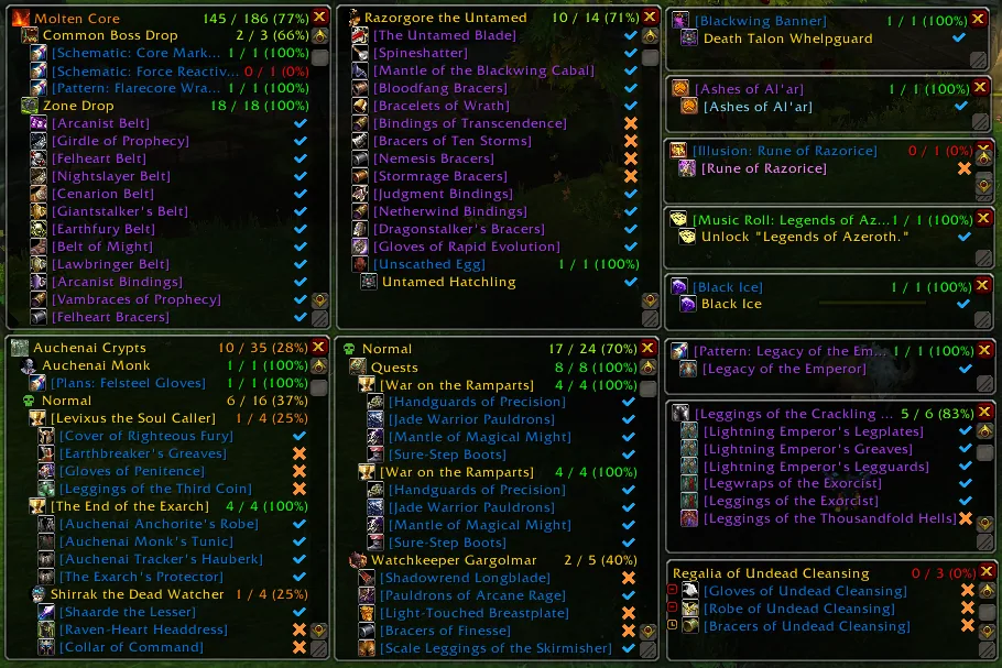 Several AllTheThings pop-out windows open at once, listing dungeon and raid loot with collected and missing marks