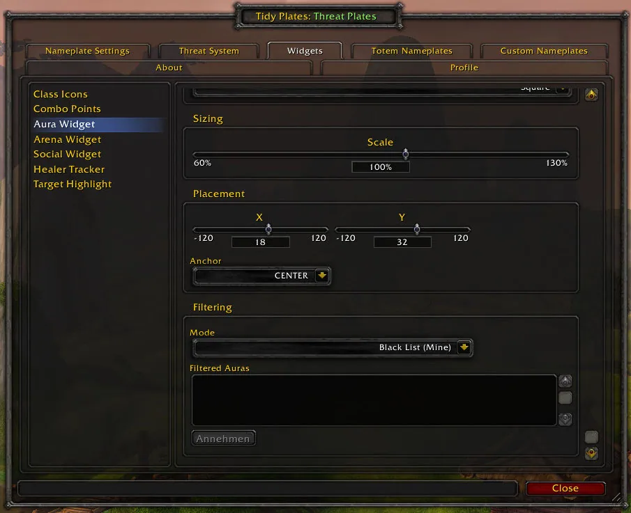 The Threat Plates Aura Widget options with sizing, placement and a filtering section set to a blacklist mode.