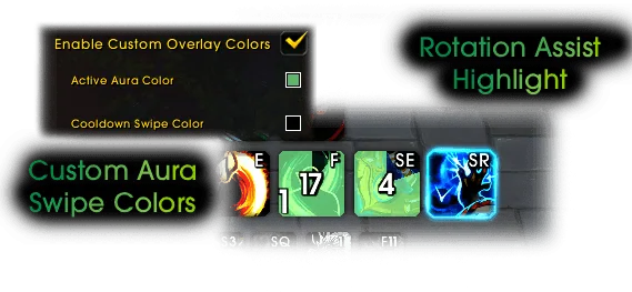 The custom overlay color options with a green active aura color and a highlighted suggested ability.
