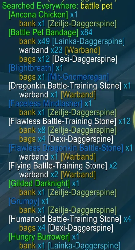 The Searched Everywhere result list for the term battle pet, with items, counts and the character or bank that holds each one.