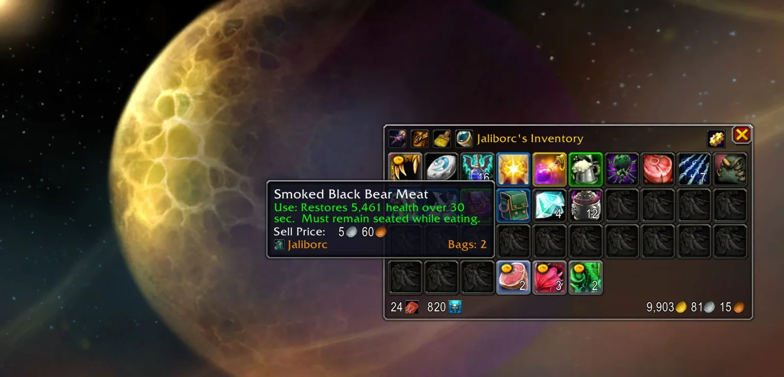 An inventory window where junk items carry a small coin icon, shown with the Bagnon plugin