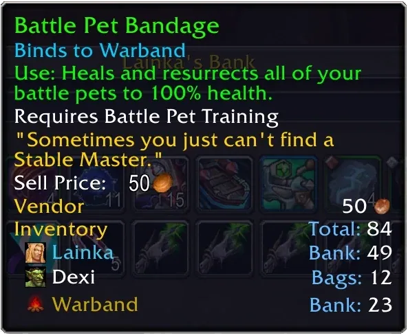 An item tooltip with an Inventory section that lists the total and the count per character in bags and bank.