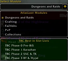 AtlasLoot module picker with dungeons and raids, crafting, factions, PvP and collections