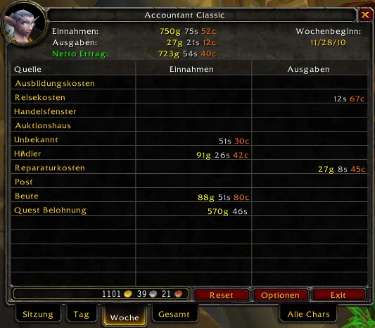 The Accountant Classic window on the Week tab in a German client, with income and expenses by source