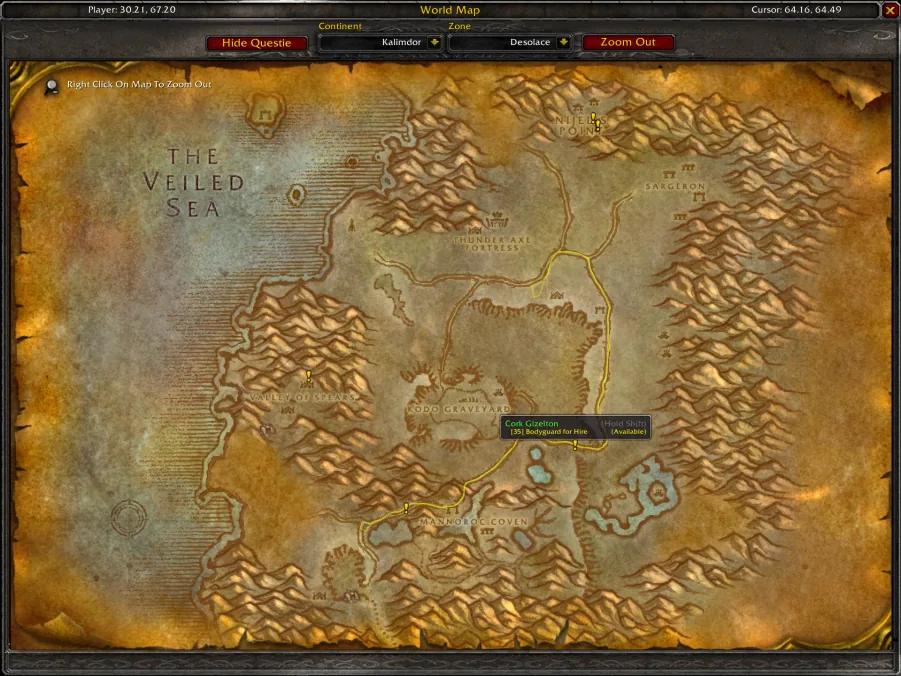 World map with waypoint lines that trace the walking path of a quest NPC