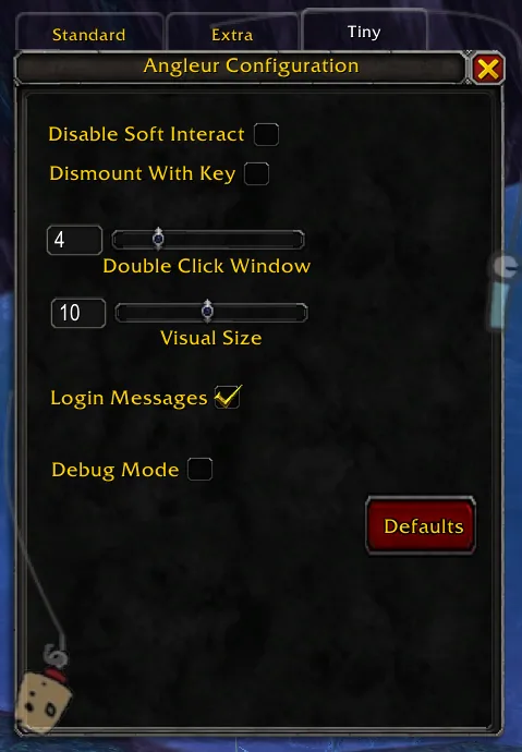 The Tiny tab of the Angleur config panel with options for soft interact, dismounting with the key, the double-click window and the visual size