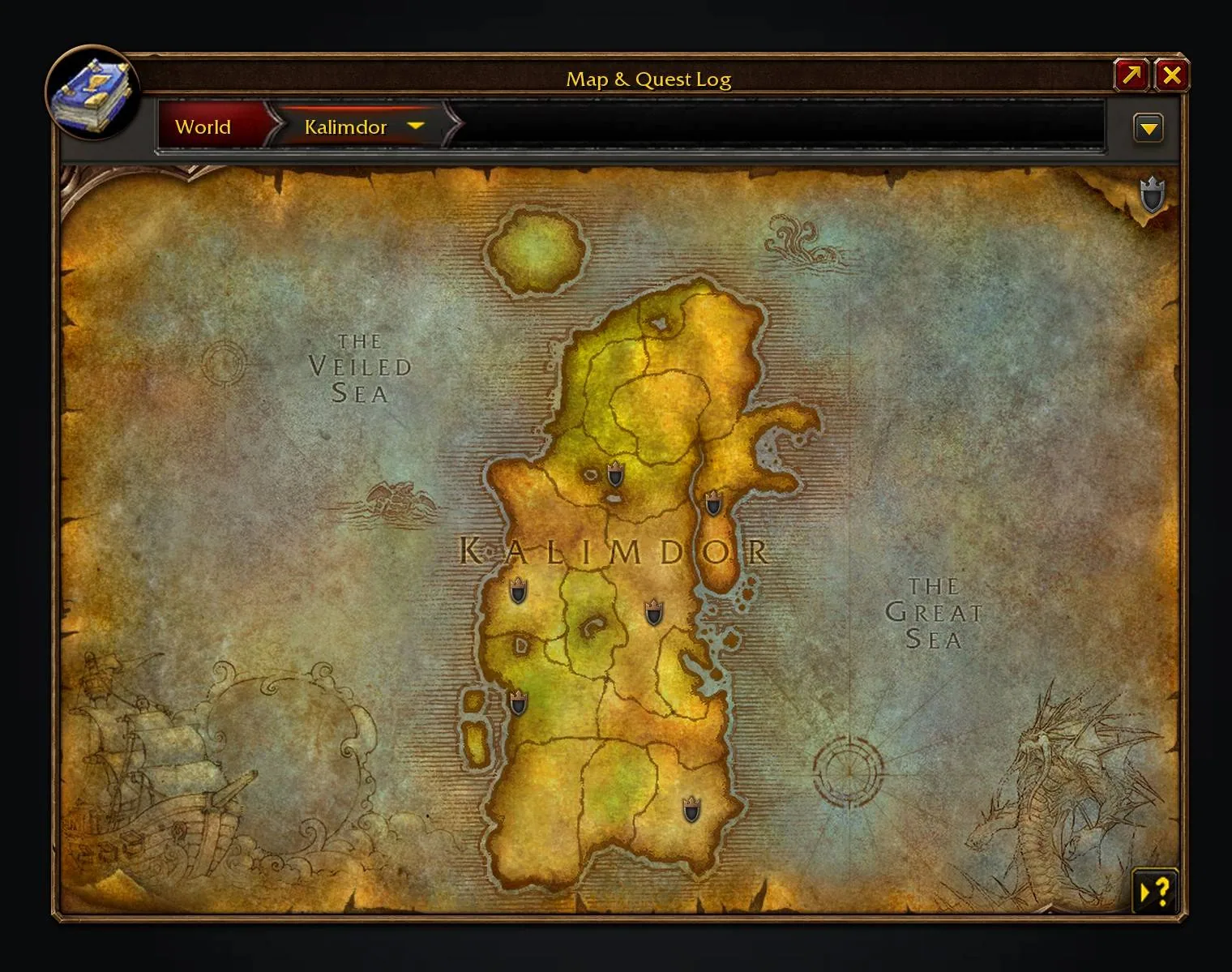 Kalimdor on the world map with a Legacy badge on each zone that still has dungeon objectives