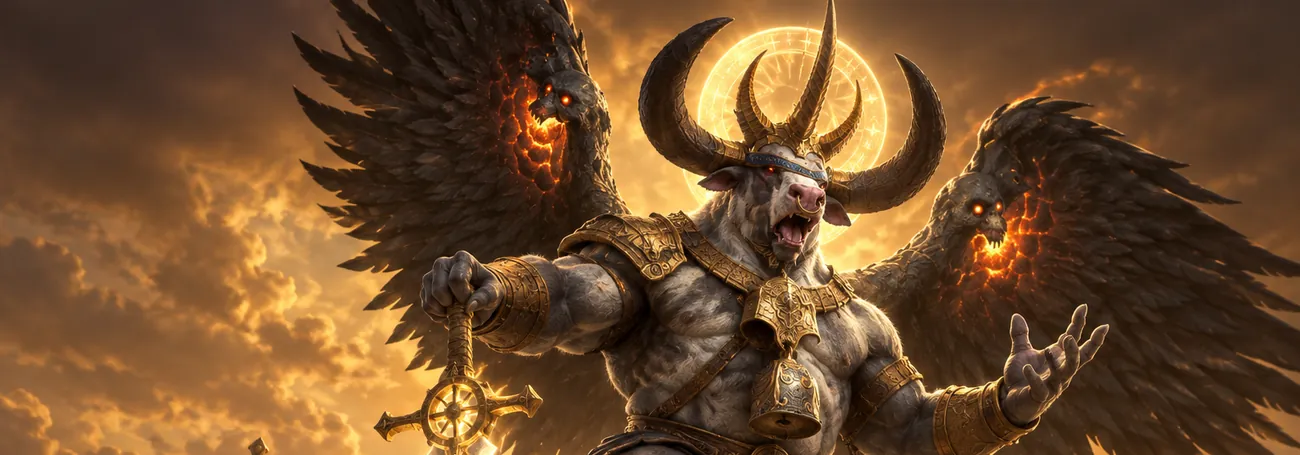 Moophisto, the Divine Bovine, bellowing next to a giant glowing sword in the Bovine Sanctum