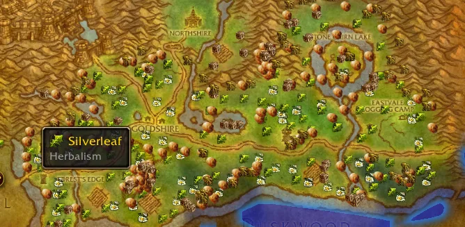 Elwynn Forest on the map with many herb and ore markers and a Silverleaf tooltip marked Herbalism.
