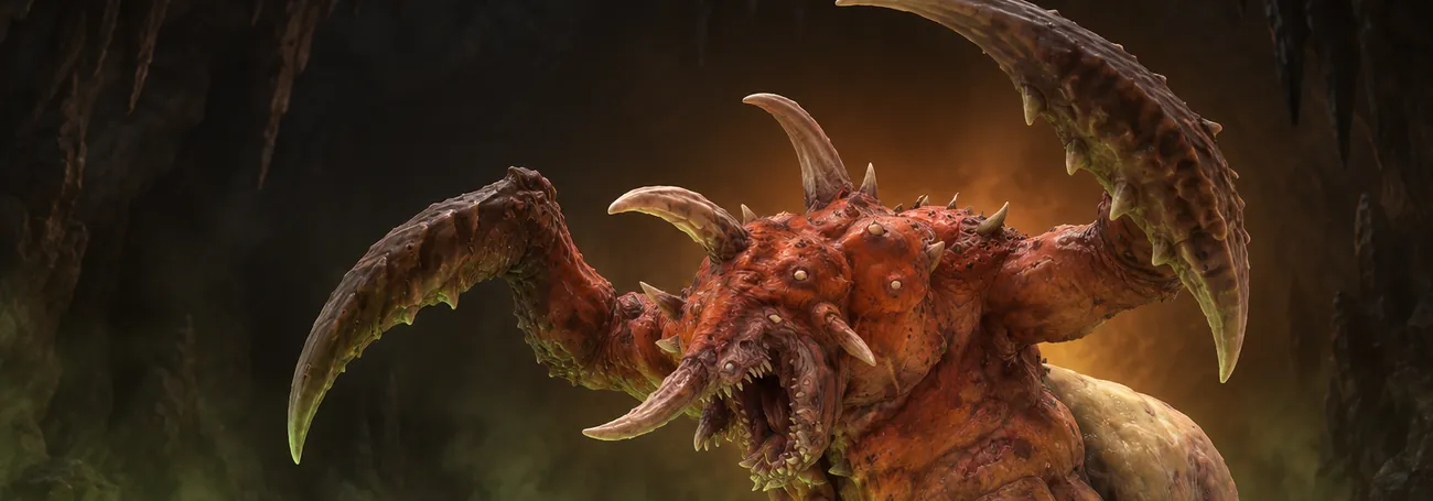 Duriel, der König der Maden, bäumt sich im Klaffenden Spalt in Diablo 4 mit erhobenen Klauen auf