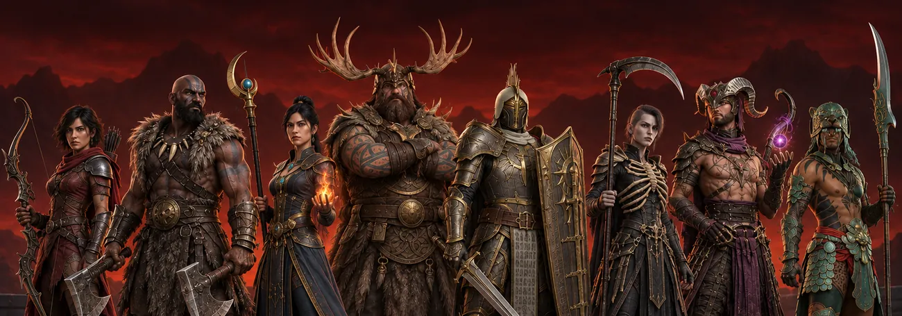 Die acht Klassen von Diablo 4 nebeneinander auf einer dunklen Terrasse unter rotem Himmel: Jäger, Barbar, Zauberer, Druide, Paladin, Totenbeschwörer, Hexenmeister und Geistgeborener
