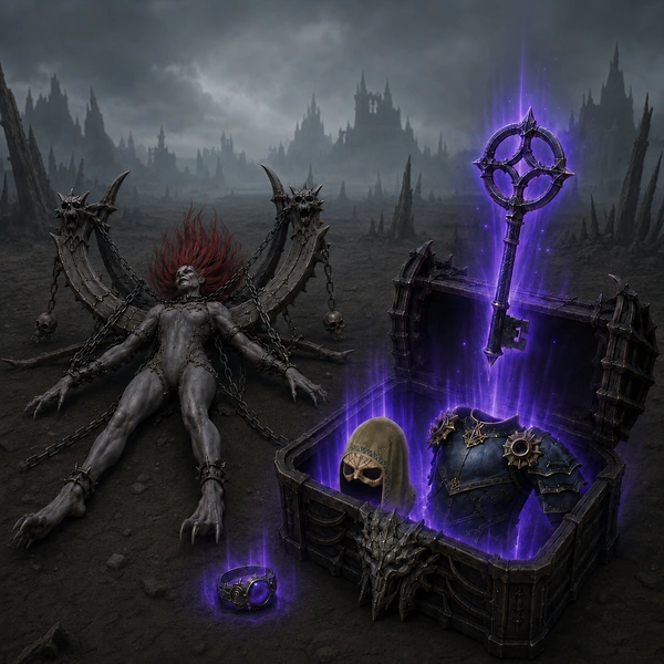 Diablo 4 Lair Key with dungeon rewards in a dark wasteland