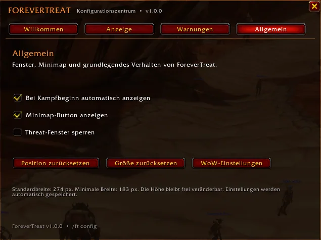 The General tab with options to show the window at combat start, show the minimap button, lock the window and reset position and size