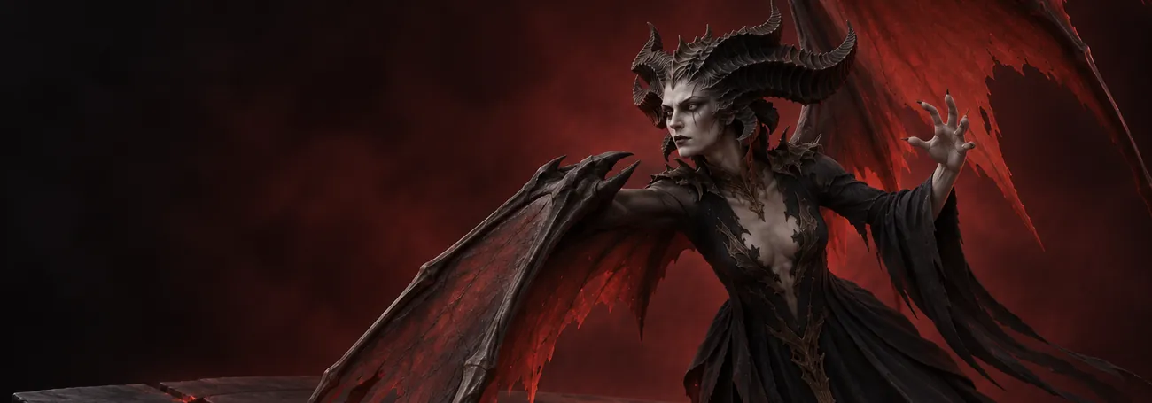 Lilith breitet über der zerbrochenen Plattform ihrer Arena in Diablo 4 die Flügel aus, rote Adern glühen im Stein