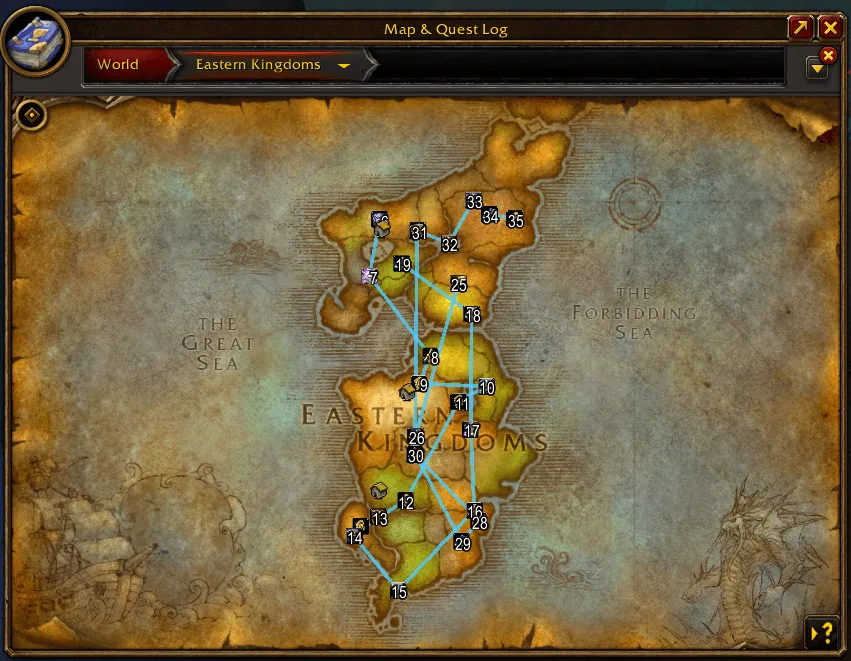 The Eastern Kingdoms world map with the numbered book route drawn across it