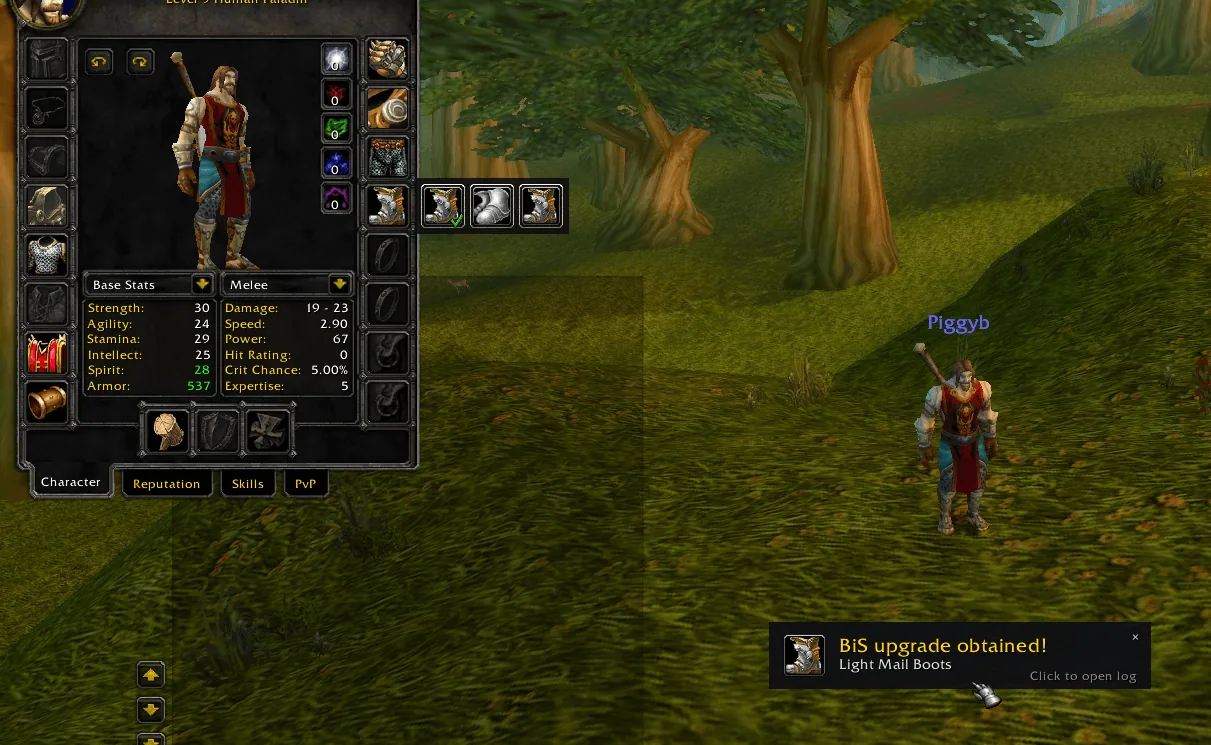 A toast in the lower right reading BiS upgrade obtained for Light Mail Boots, next to the character panel with the boots slot flyout open