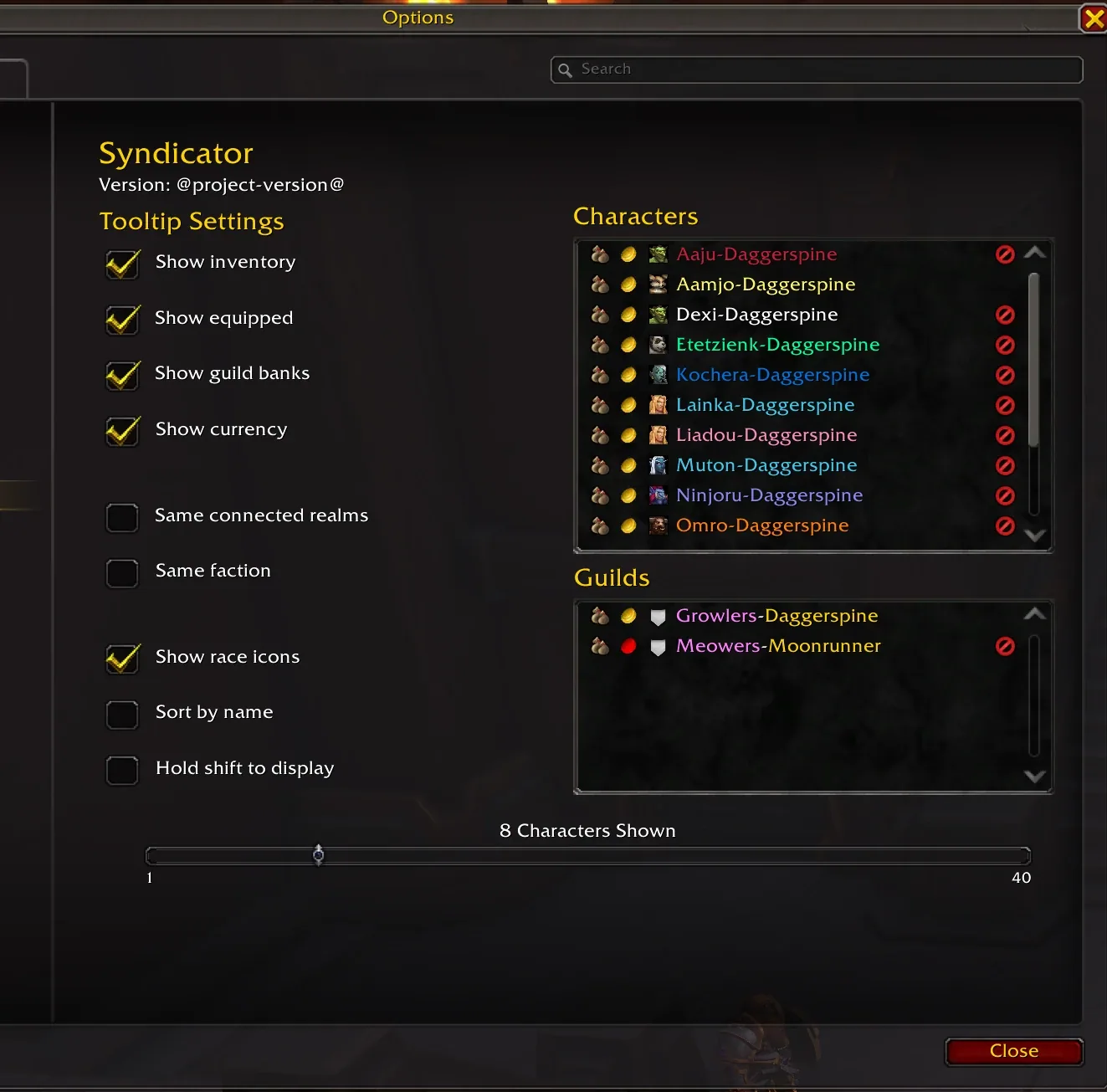 The Syndicator options with tooltip settings on the left and the lists of characters and guilds on the right.