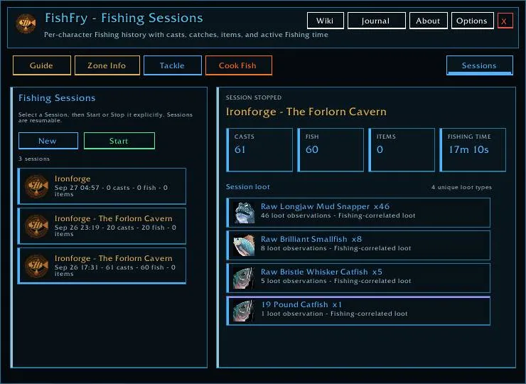 The FishFry Fishing Sessions page listing saved sessions with casts, fish, items, fishing time and the loot of one session