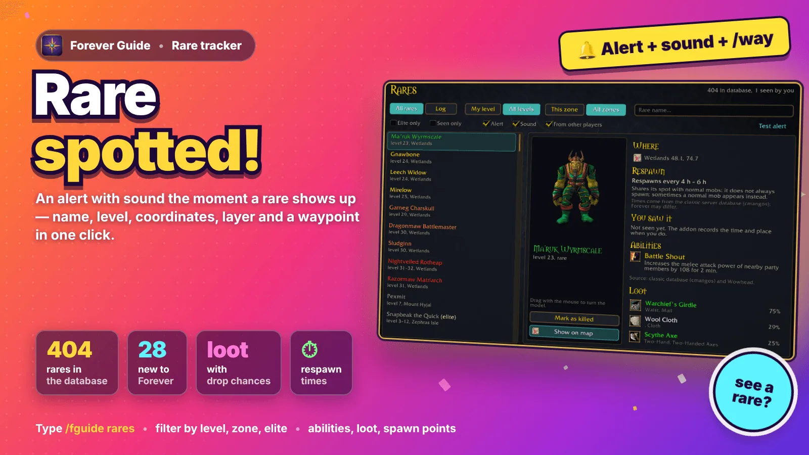 Promo graphic with the rare tracker: a list of rares in the Wetlands, a 3D model, respawn time, abilities and loot with drop chances.