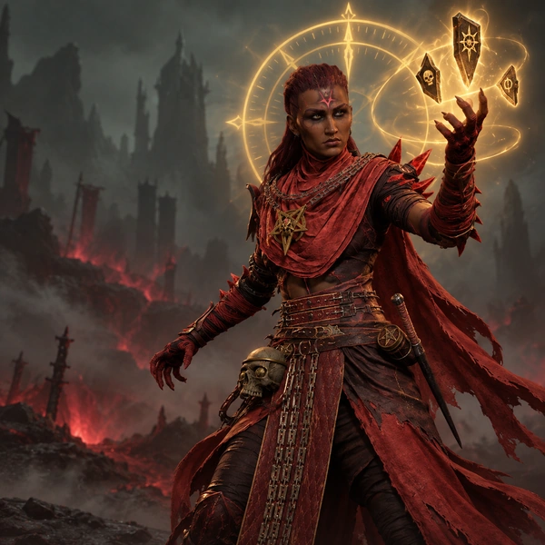 Red-clad Diablo IV character with glowing runes and a magical clock.