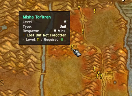 The world map with quest giver markers and a tooltip for a quest giver.