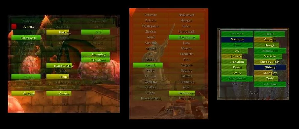 Three HealBot frame layouts with different skins, in green, orange and dark colors