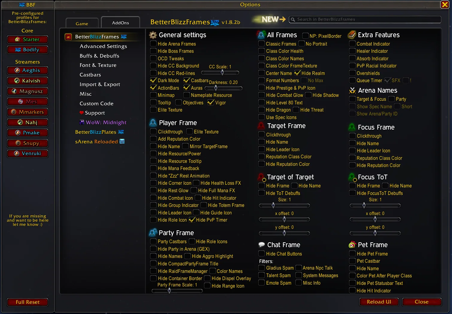 The BetterBlizzFrames settings window