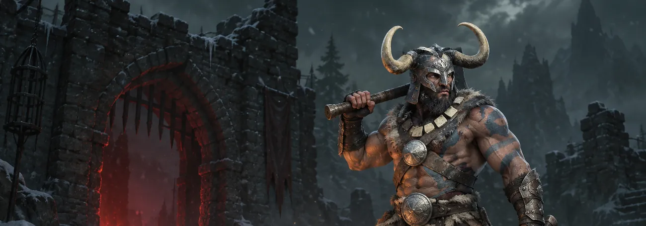 Ein Barbar mit zwei Äxten steht an einem Lagerfeuer in einem verschneiten, zerstörten Stützpunkt, während sich in Diablo 4 ein Legionsereignis sammelt