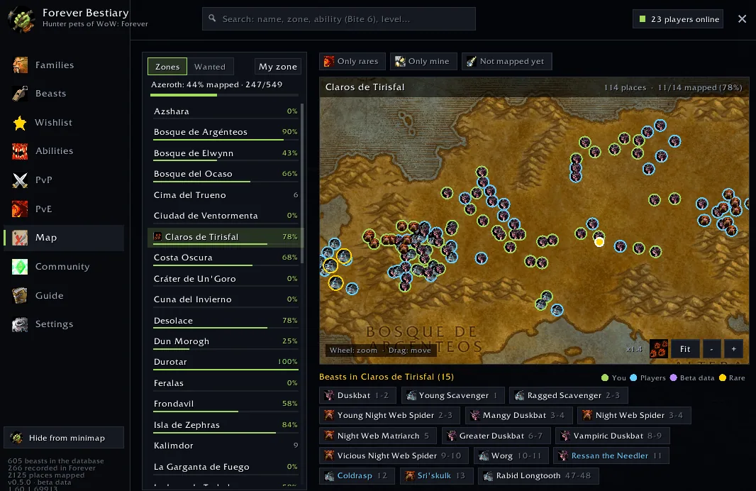The Map page with a zone list and a zone map covered in beast spots, with a list of the beasts in that zone below