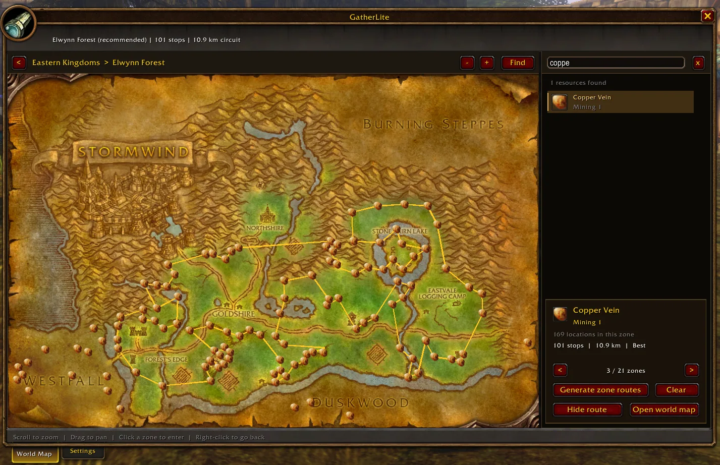 The GatherLite window with a Copper Vein farming route in Elwynn Forest, 101 stops on a 10.9 km circuit, and the route buttons on the right.