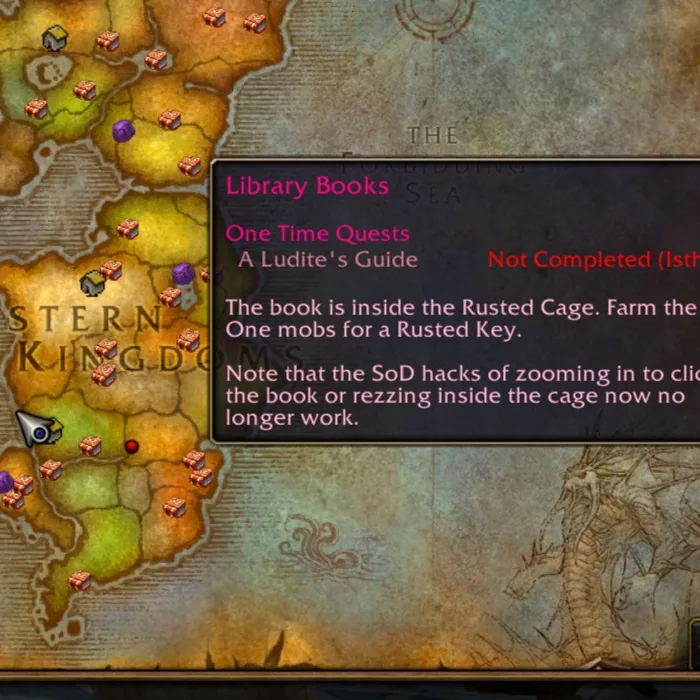 The Eastern Kingdoms map covered in book pins with a tooltip explaining how to reach the book inside a locked cage