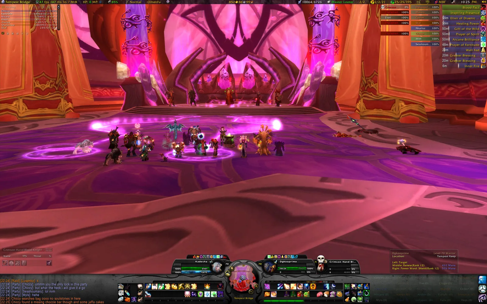 A full raid screen with HealBot at the bottom right and a tooltip listing the spells on the left, middle and right mouse button
