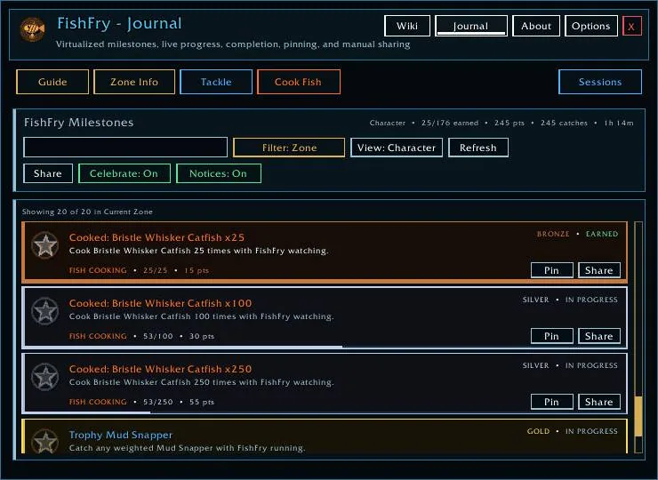 The FishFry Journal with fishing and cooking milestones, progress bars and tiers