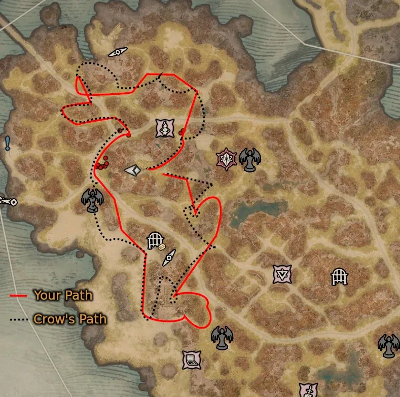 Diablo 4 map of Lycander with a red line labelled Your Path and a dotted black line labelled Crow's Path, both with loops