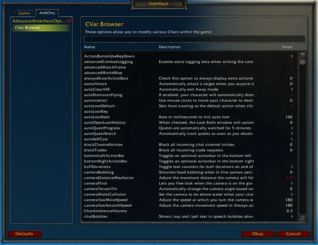 The CVar browser listing console settings with name, description and value.