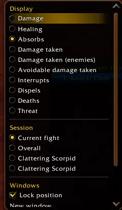 The window menu with the display modes, the fight sessions to pick from and the window options