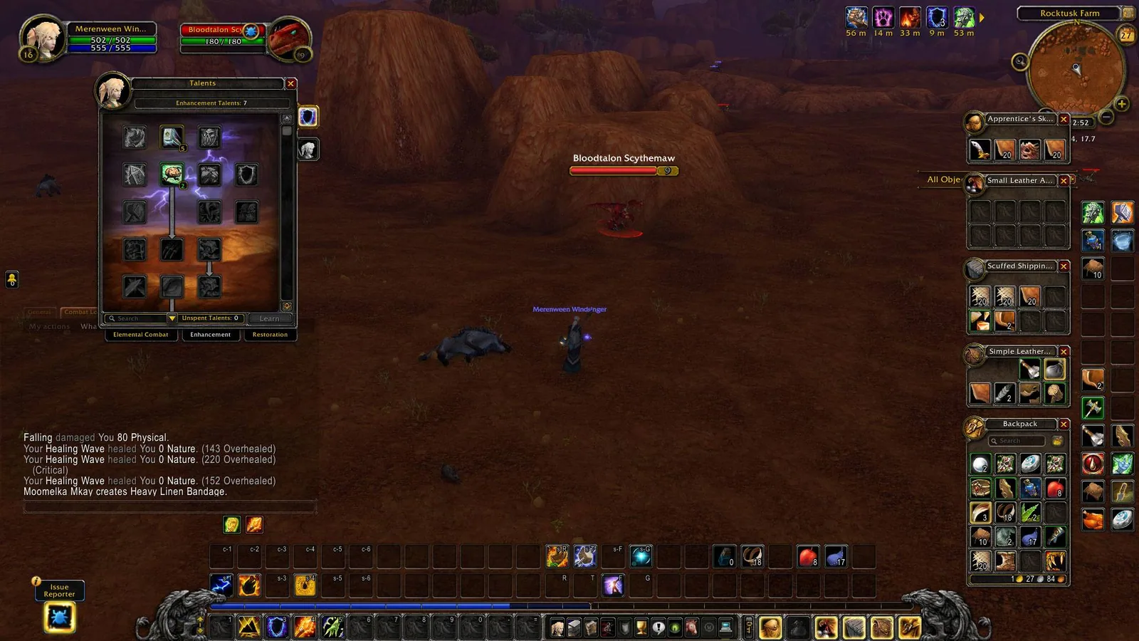 Classic talent window and four classic bag windows open next to the quest tracker.