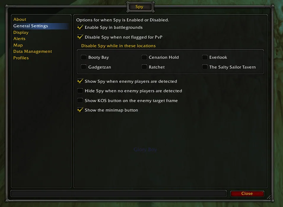 The Spy options window on General Settings with the battleground, PvP flag and location checkboxes such as Booty Bay and Gadgetzan.