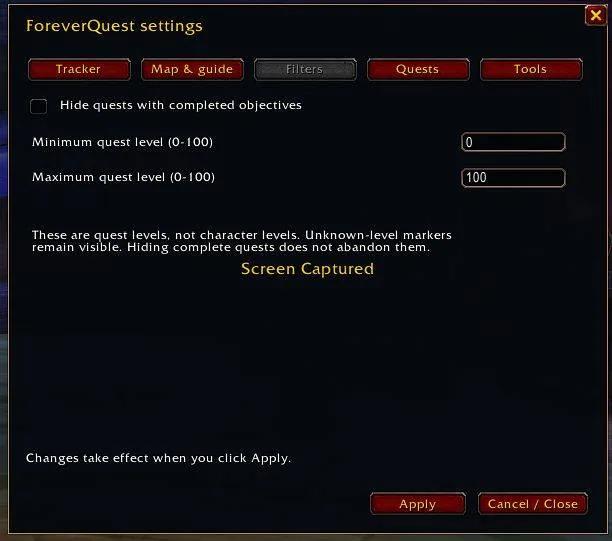 The Filters tab with minimum and maximum quest level.