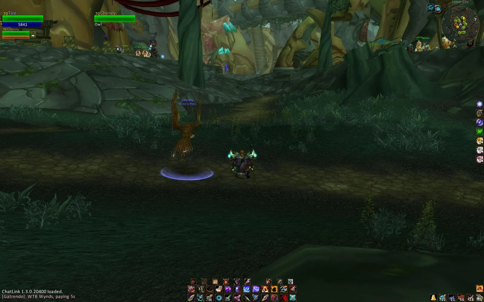 A hunter in Shattrath with a Dominos action bar at the bottom of the screen and a vertical bar on the right edge